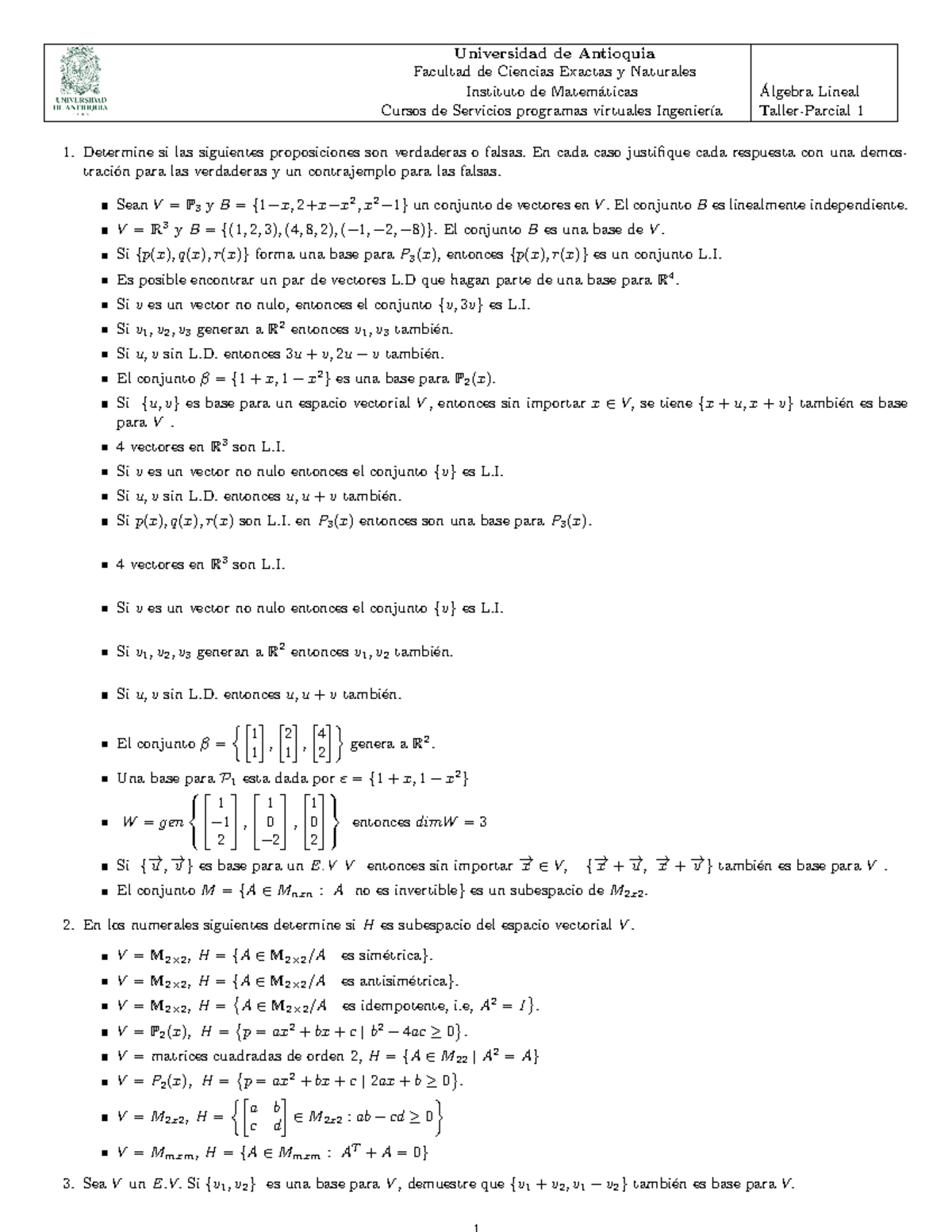 Taller Para Parcial 1 Algebra Lineal Studocu