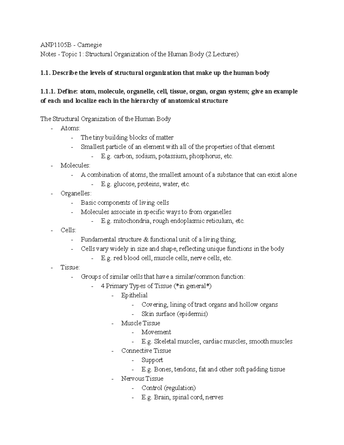 ANP1105 B - Notes Topic 1 Structural Organization of the Human Body ...