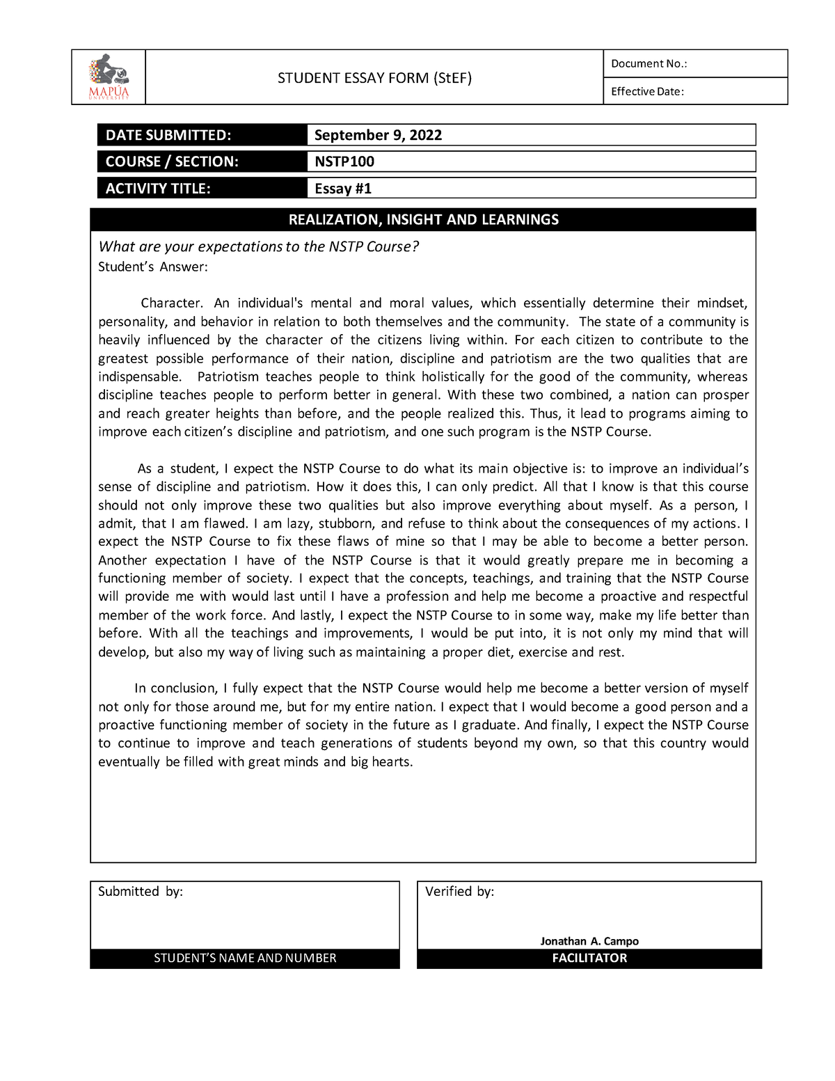 NSTP1 00 A6 Essay#1 - STUDENT ESSAY FORM (StEF) Document No.: Effective ...