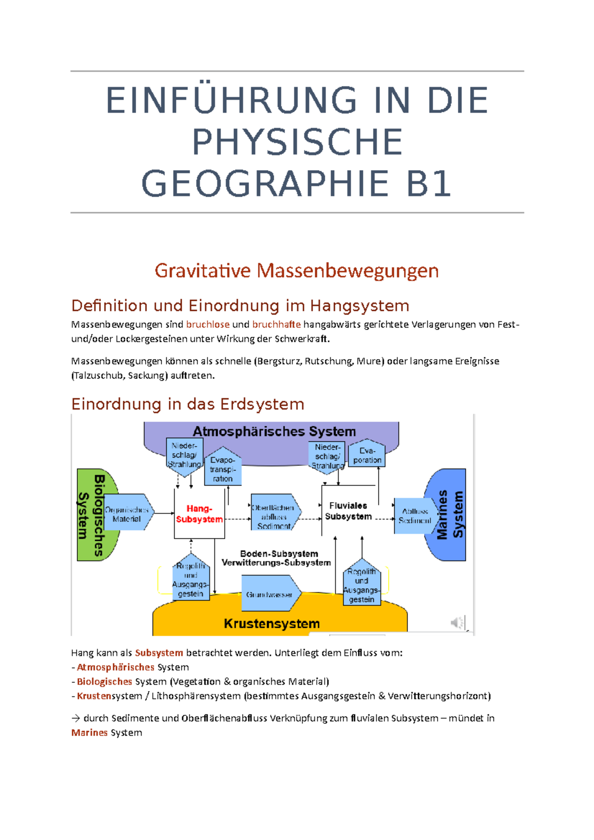 Geographie Physische Geographie Und Humangeographie 09.11 Gravitative Massenbewegungen - EINFÜHRUNG IN DIE PHYSISCHE