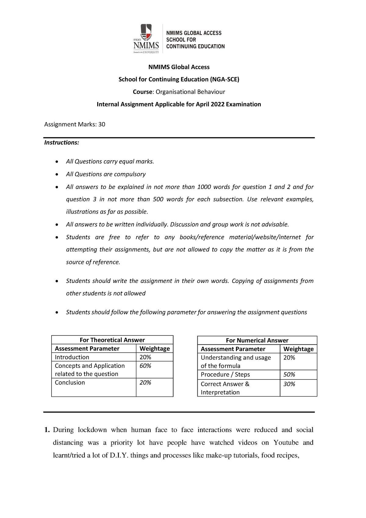 organisational behaviour assignment nmims