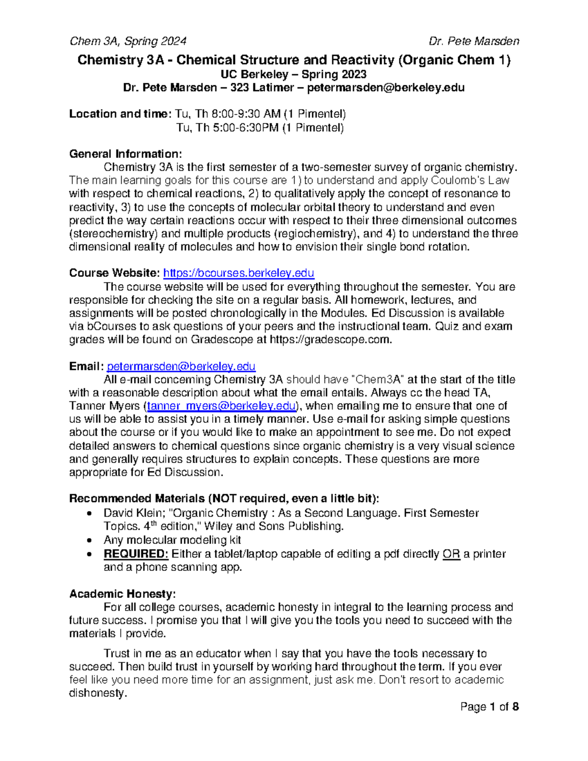 Syllabus (Chem 3A - Spring 2024) - Chemistry 3A - Chemical Structure ...