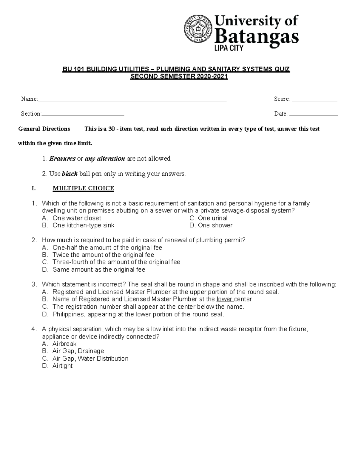 BU 101 Building Utilities Quiz Plumbing AND Sanitary Systems QUIZ - BU ...