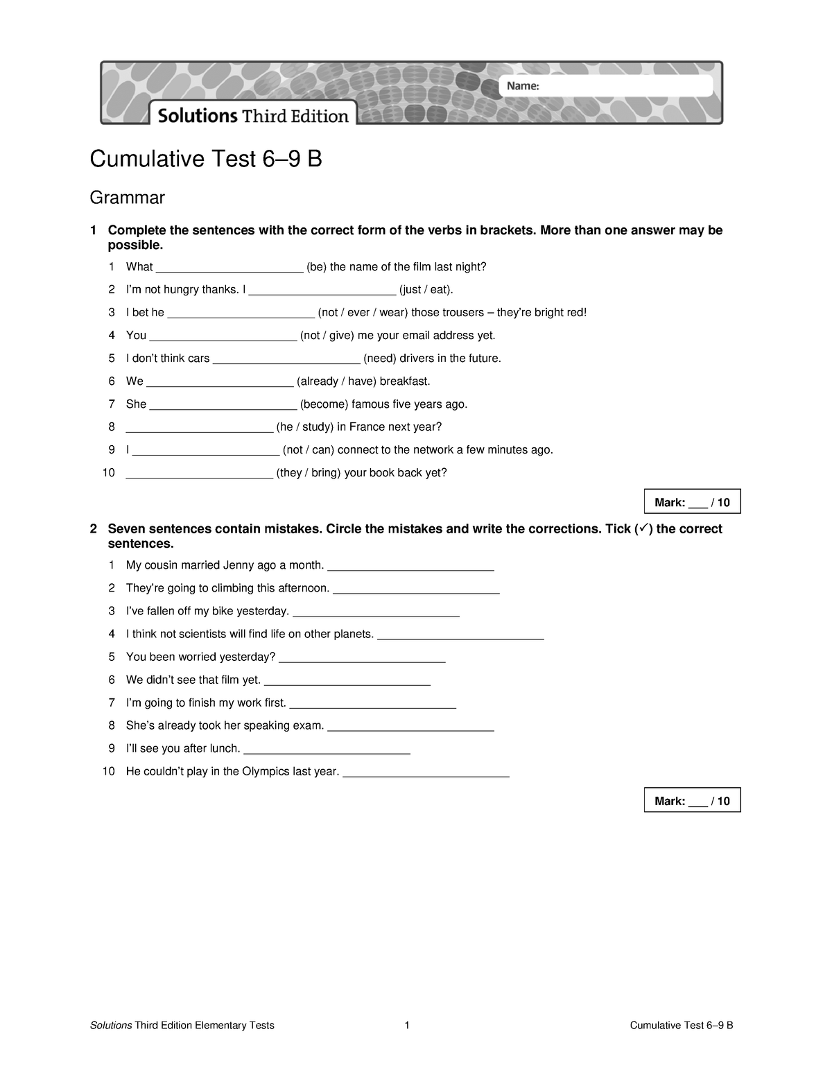 Sol3e Elem Cumulative Test 6-9 B - Cumulative Test 6–9 B Grammar 1 ...