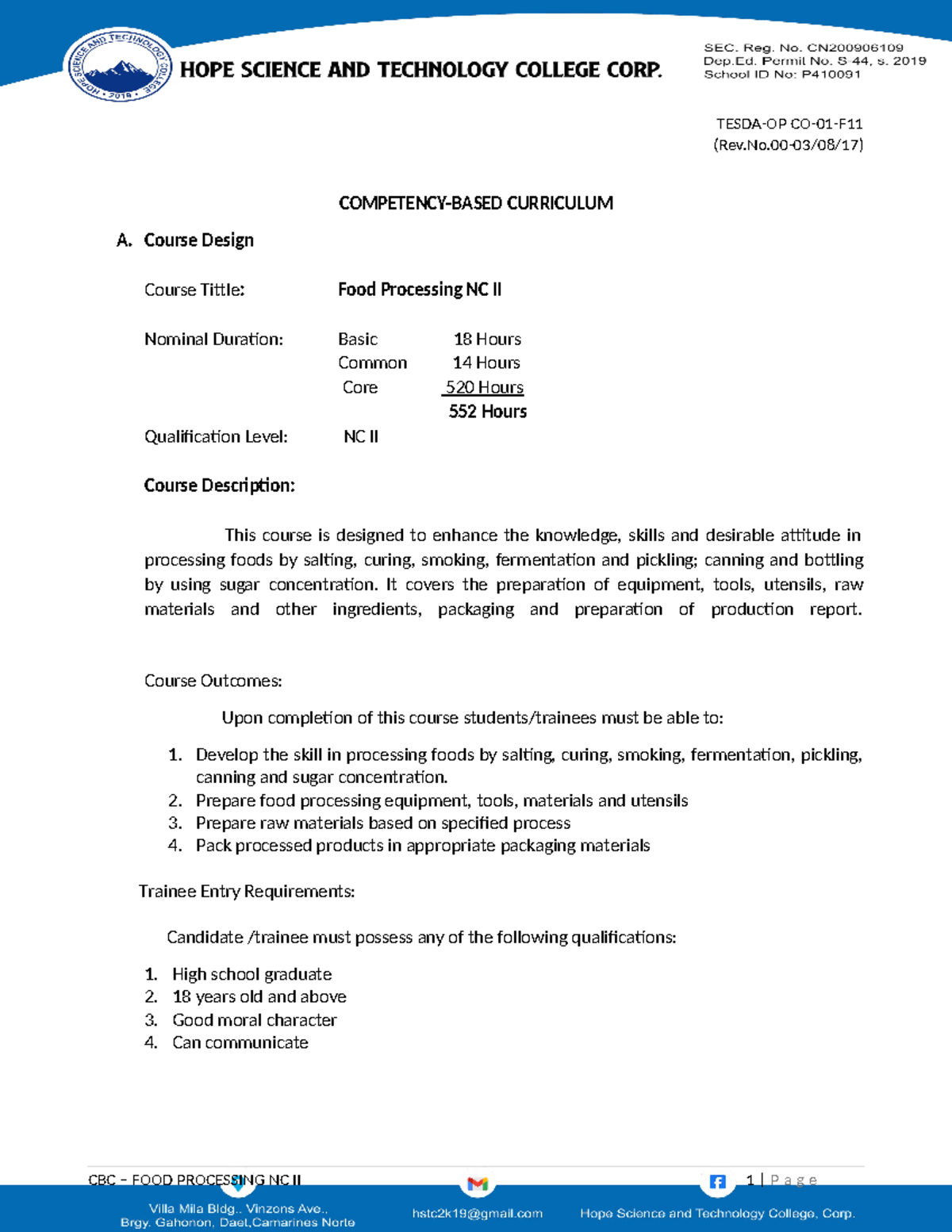 1. FOOD Processing CBC - TESDA-OP CO-01-F (Rev.No-03/08/17) COMPETENCY ...