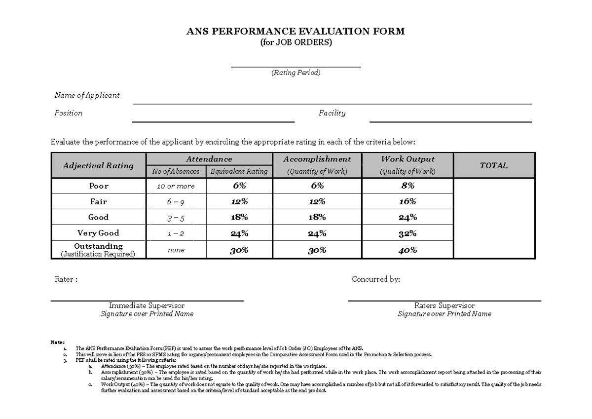 ANS Performance Evaluation form for Job Order ANS PERFORMANCE