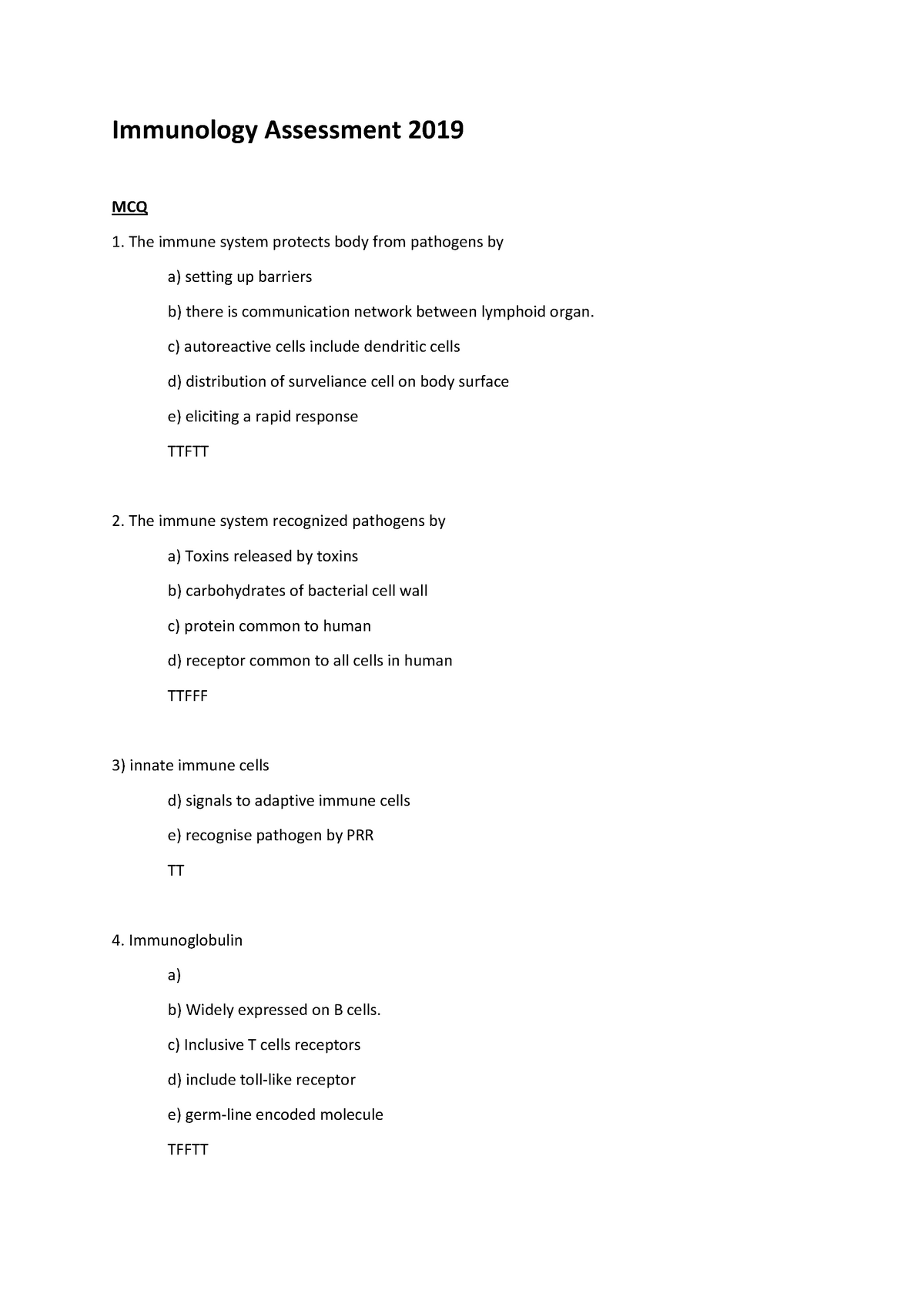 Exam 4 March 2019, Questions And Answers - Immunology Assessment 2019 ...