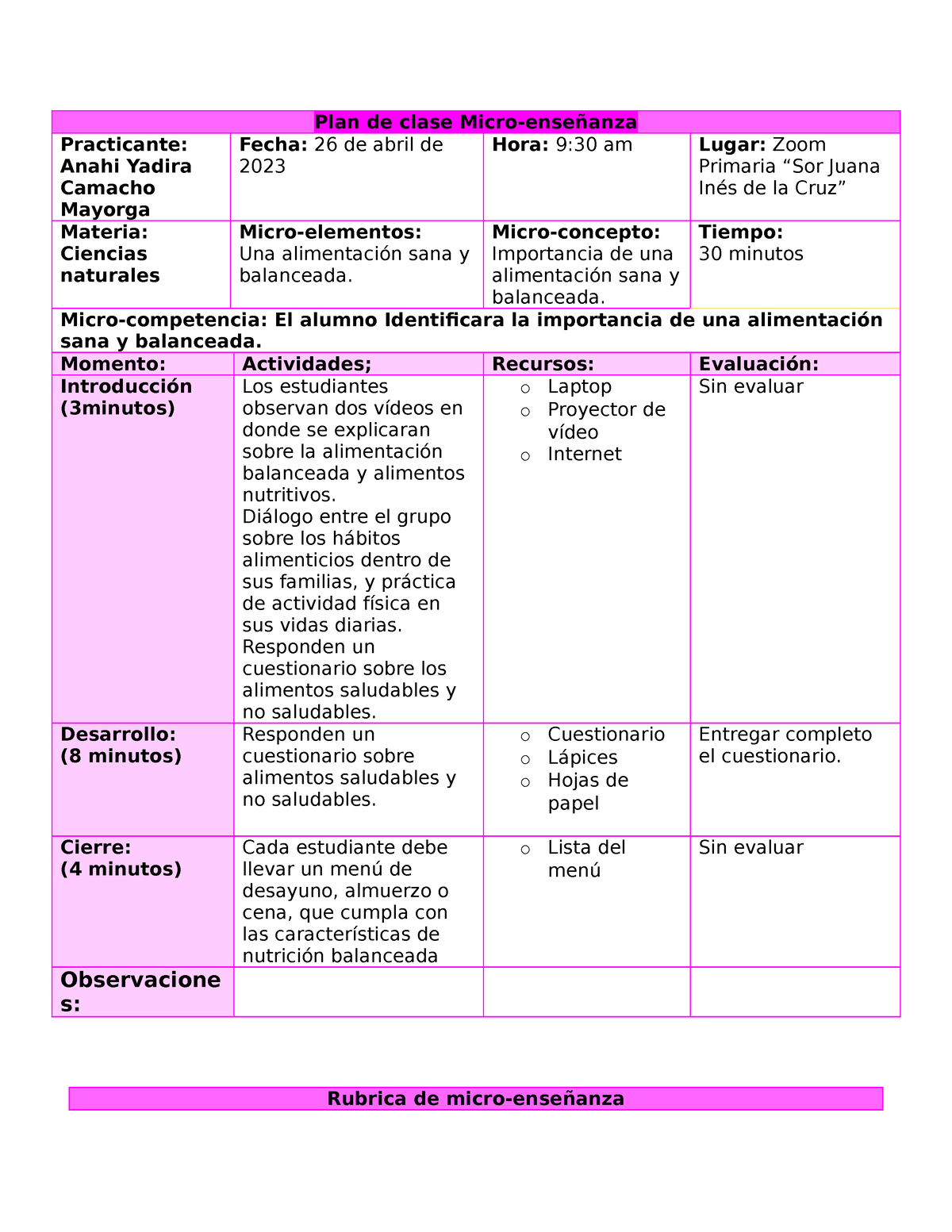 Planeación De Contenidos - Plan De Clase Micro-enseñanza Practicante ...