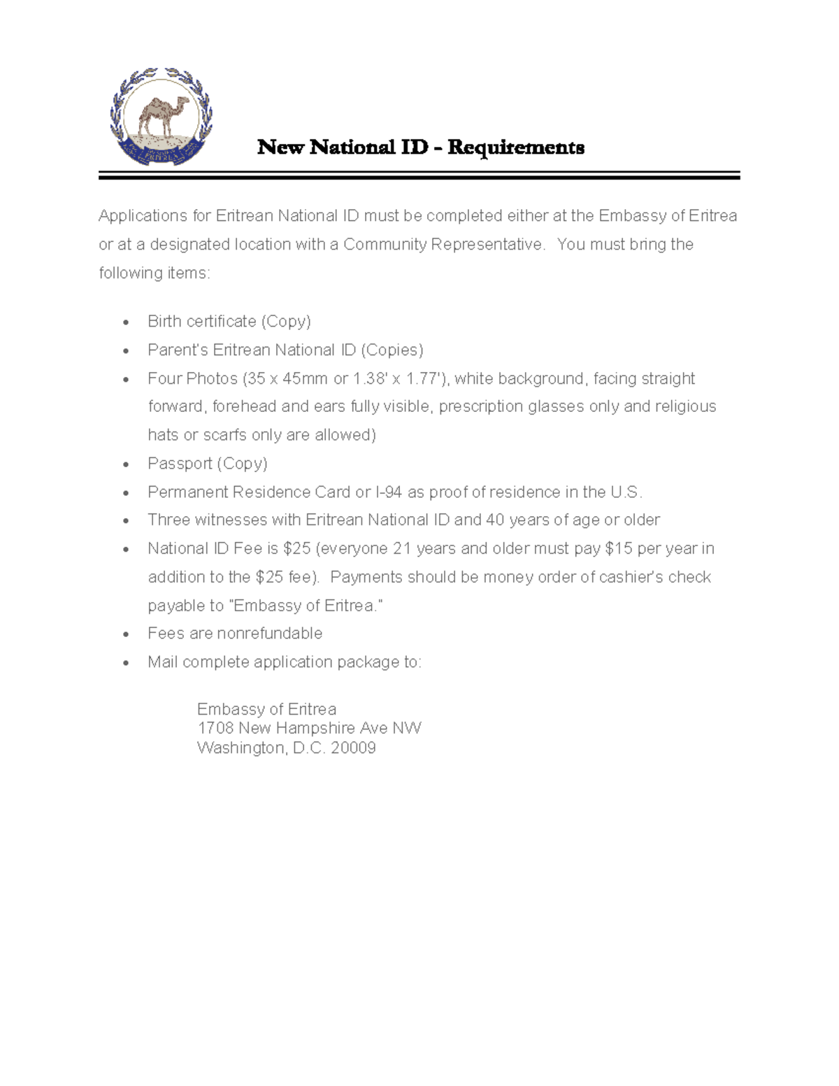 National ID Requirements Applications for Eritrean National ID must