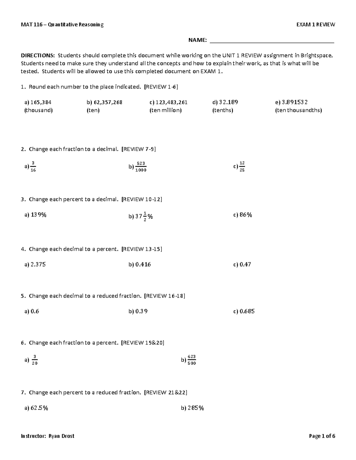 EXAM 1 Review - practice for exam 1 - NAME ...