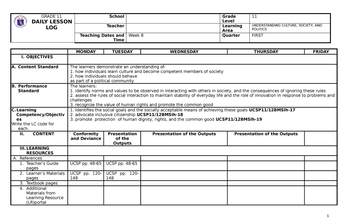 Week 7 - None - Grade 11 Daily Lesson Log School Grade Level 11 Teacher 