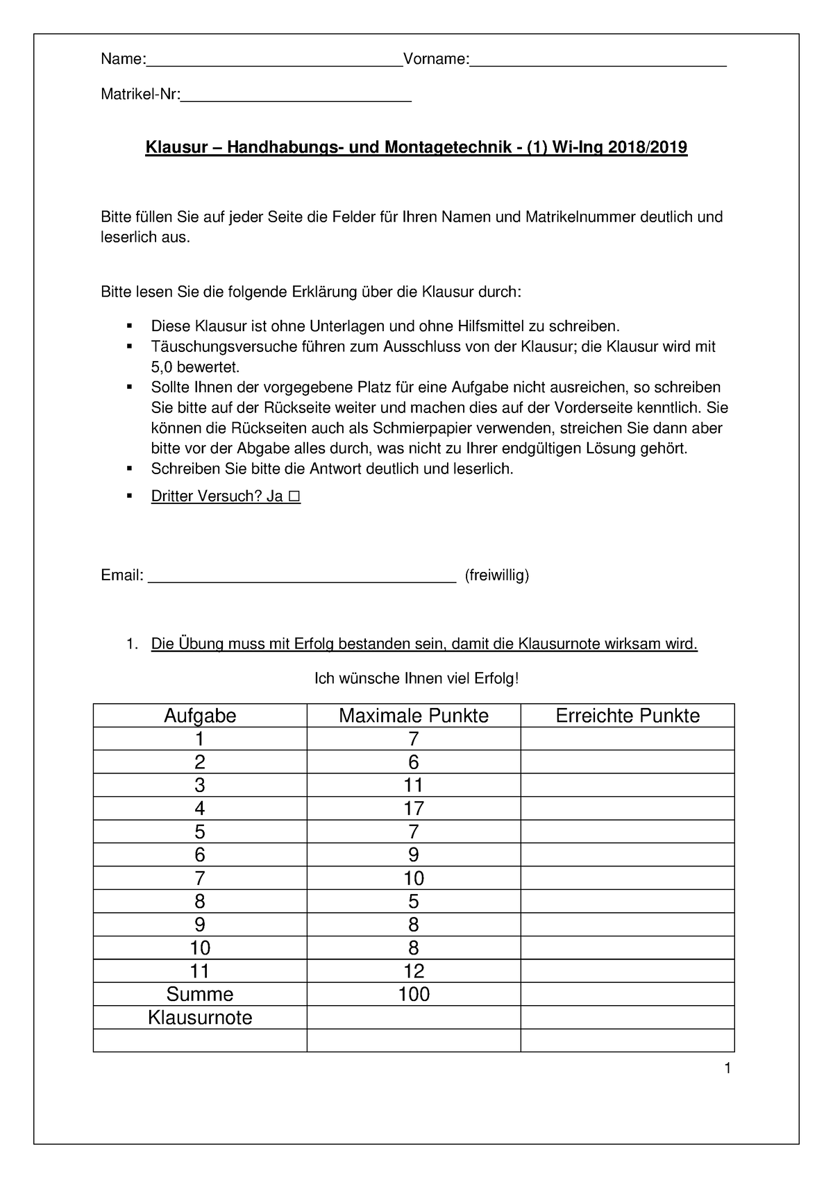 Klausur HMT WS 2018 2019 - Matrikel-Nr ...