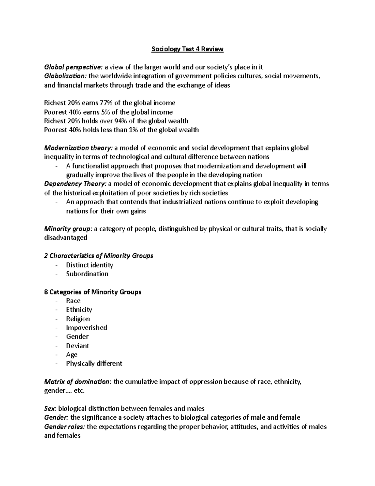 Sociology Test 4 Review - Sociology Test 4 Review Global perspective: a ...