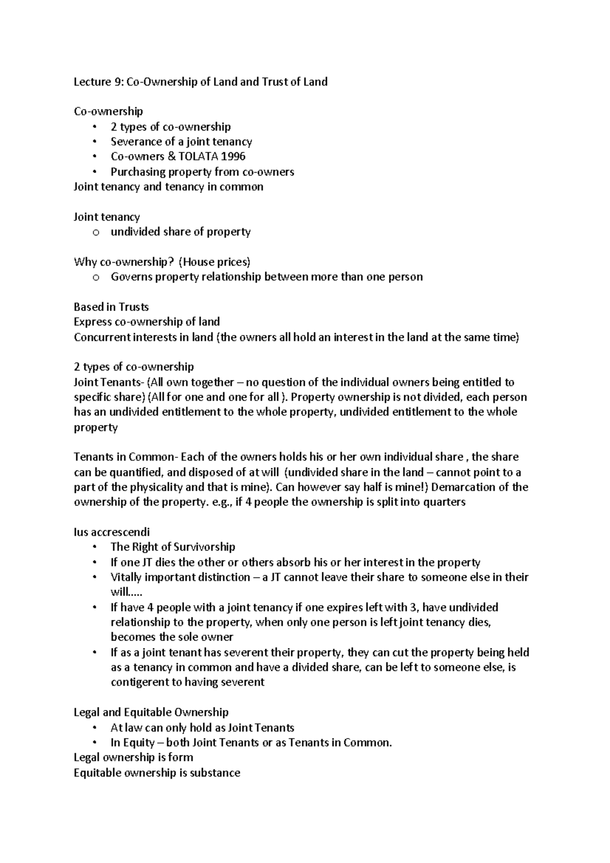 Lecture 9- Co-Ownership of Land and Trust of Land - Property ownership ...