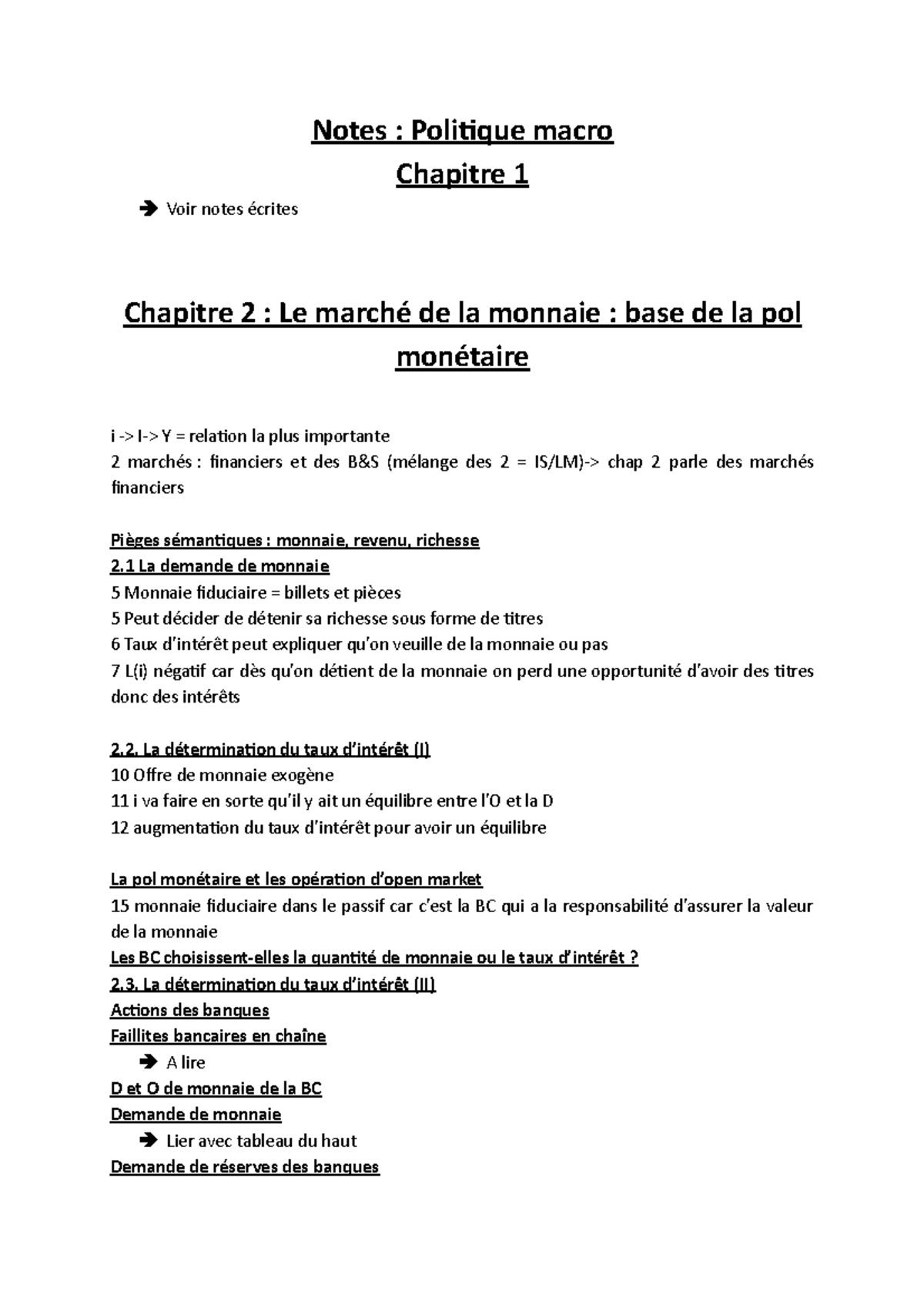 (I) Notes pol macro - Notes : Politique macro Chapitre 1 Voir notes ...