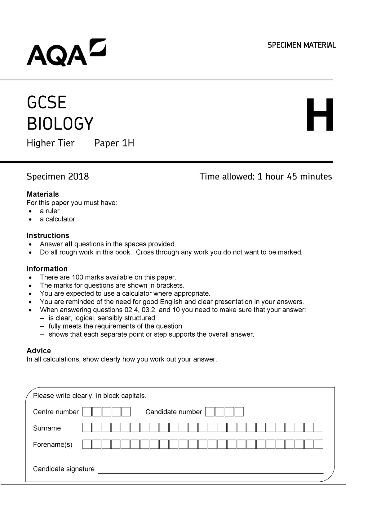 Higher Biology Specimen Paper SPECIMEN MATERIAL GCSE BIOLOGY Higher Tier Paper H