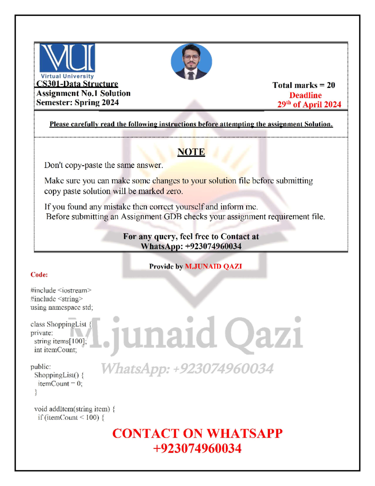 CS301Assignment 1 Solution Spring 2024 By M.junaid Qazi Data