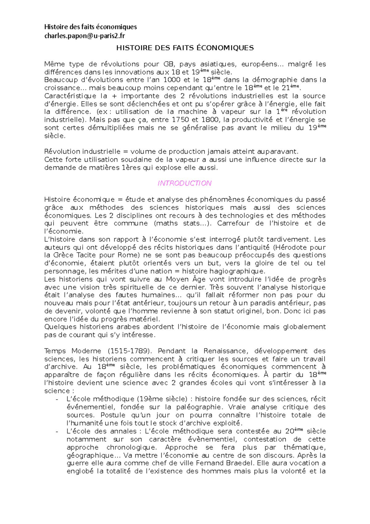 Histoire des faits économiques L1S2 Assas, M. Papin charlesuparis2