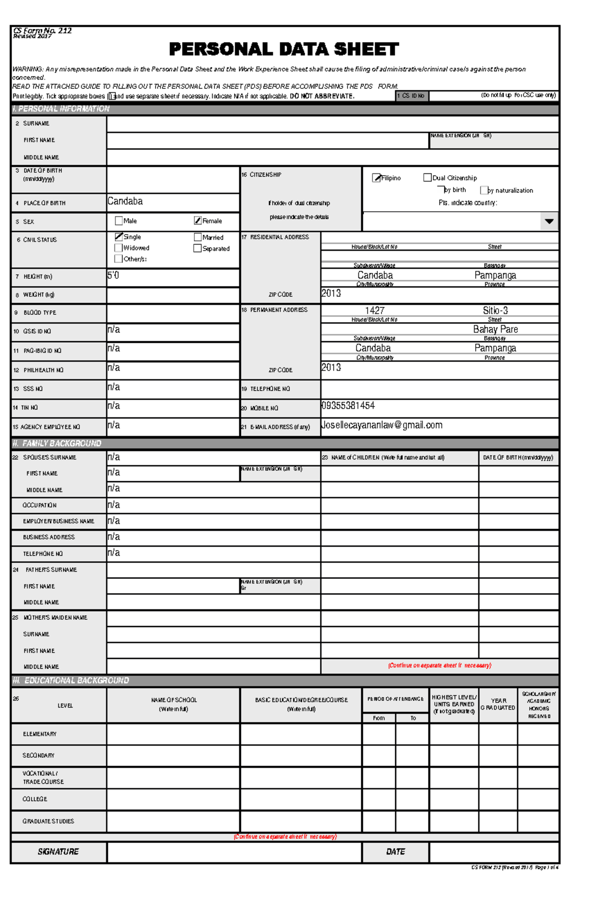 FDS - ... - CS Form No. 212 Revised 2017 PERSONAL DATA SHEET WARNING ...