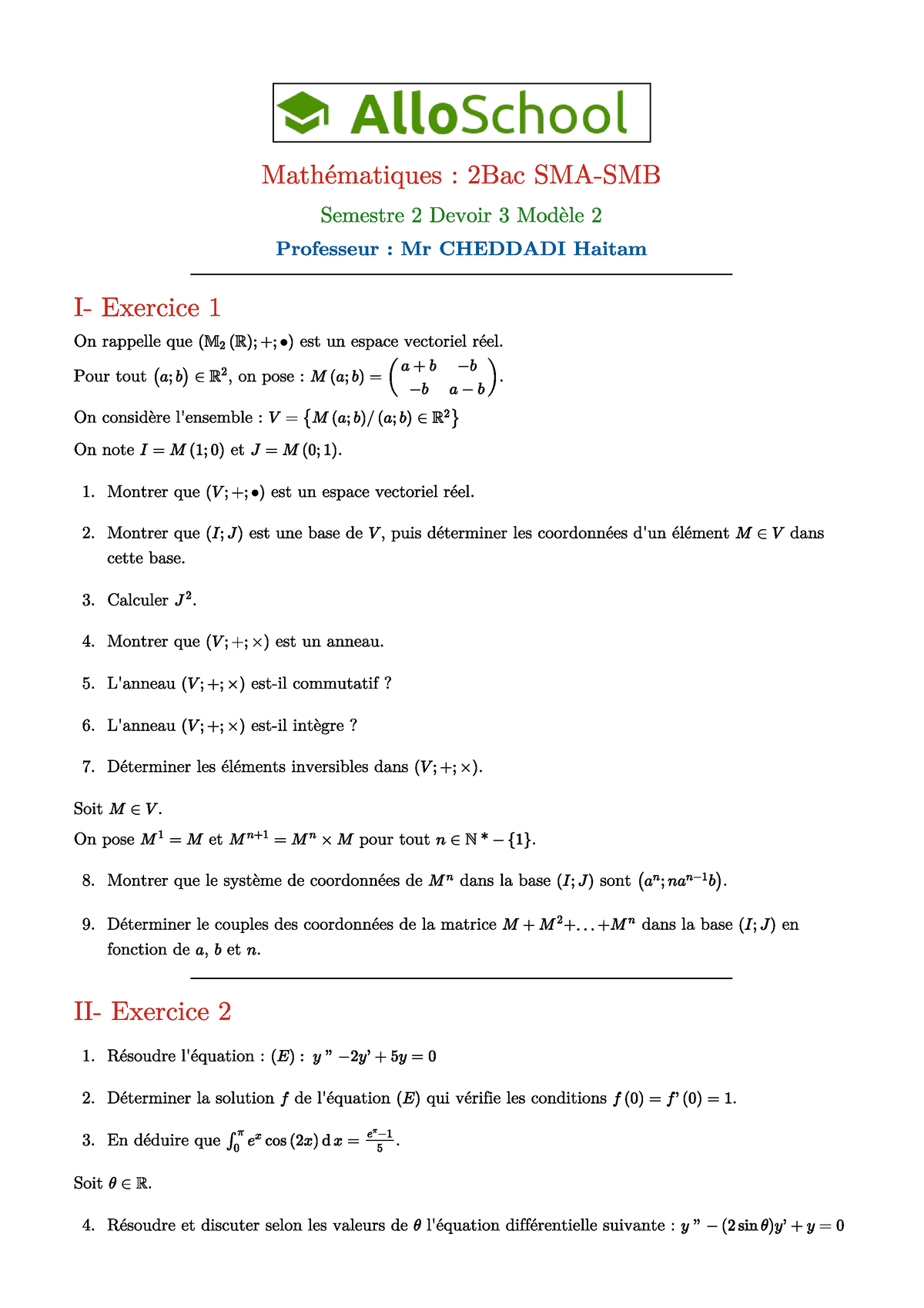 Maths 2bac Sm Semestre 2 Devoir 3 Modele 2 1 - Mathématiques De Base ...