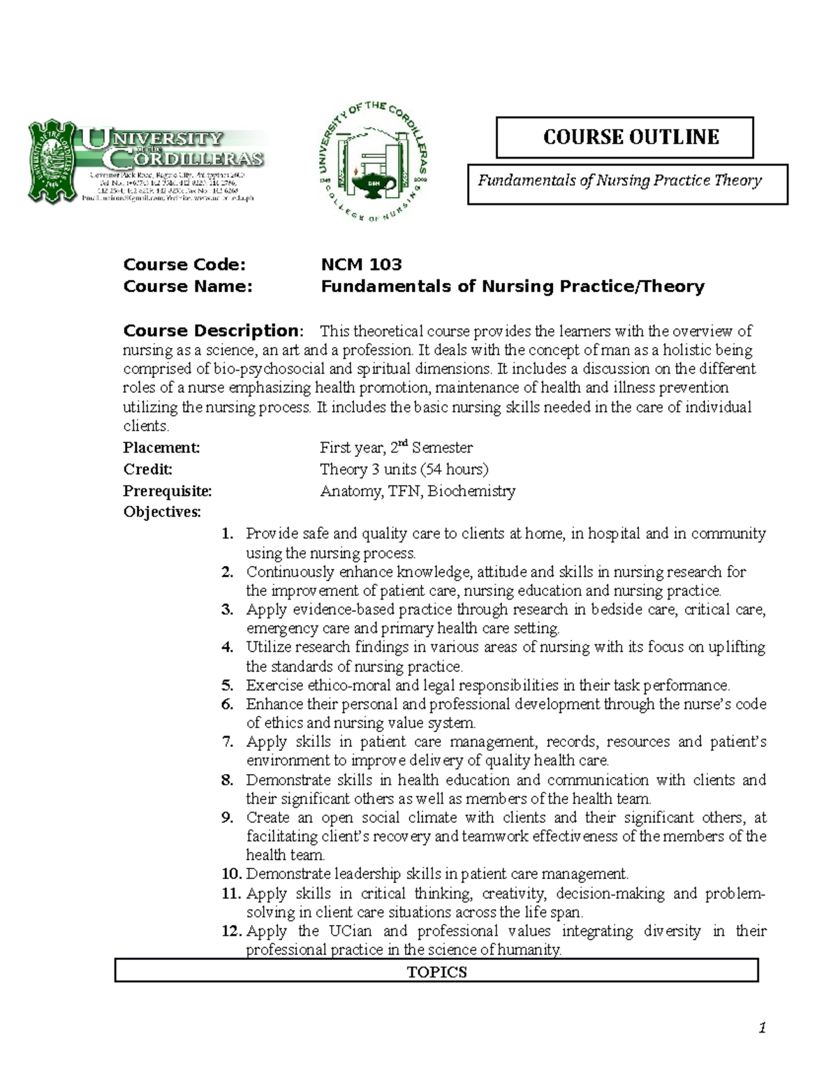 Course Outline this is actually for fundamentals of nursing practice