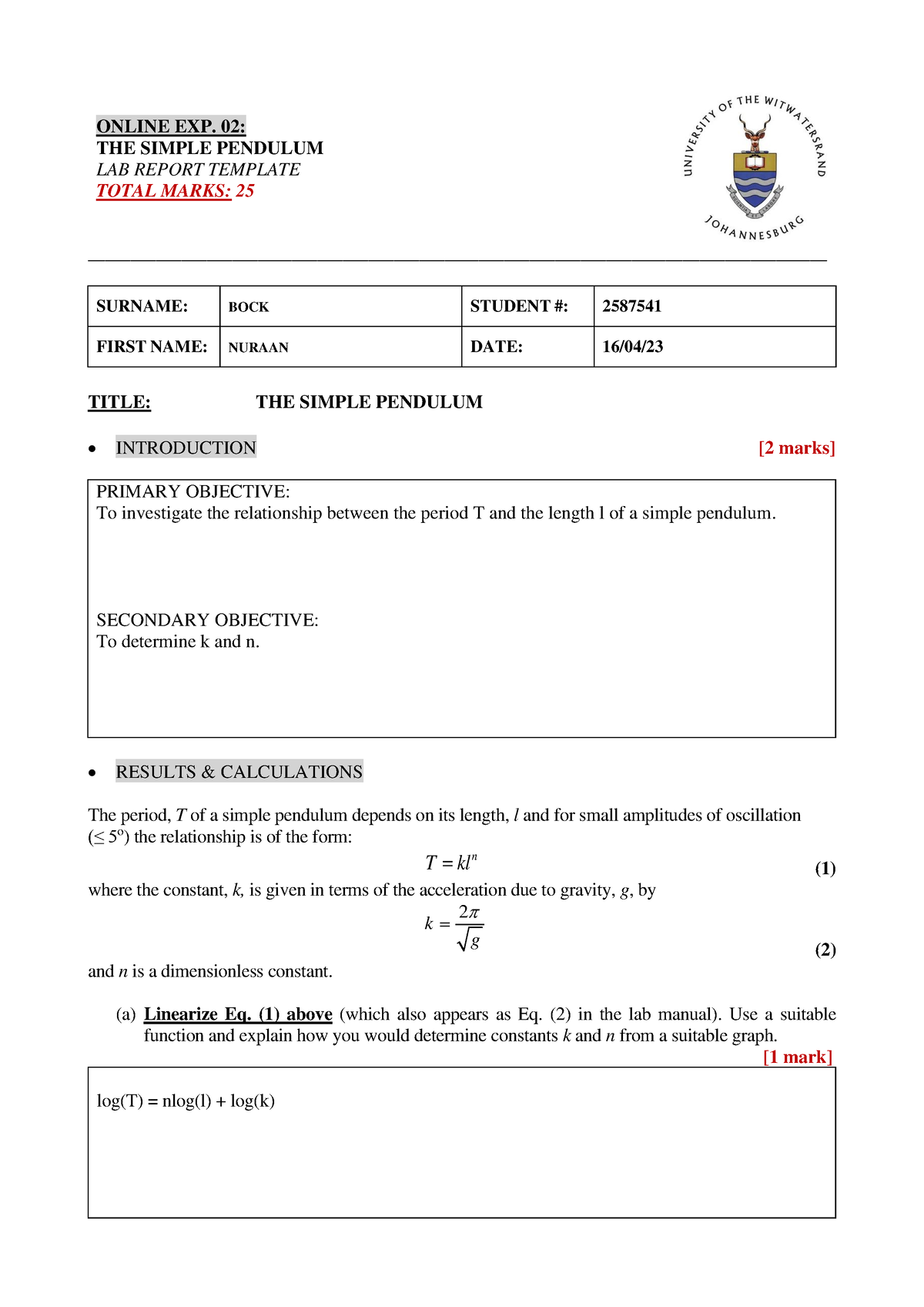 EXP02- Simple pendulum 2 - ONLINE EXP. 02: THE SIMPLE PENDULUM LAB ...