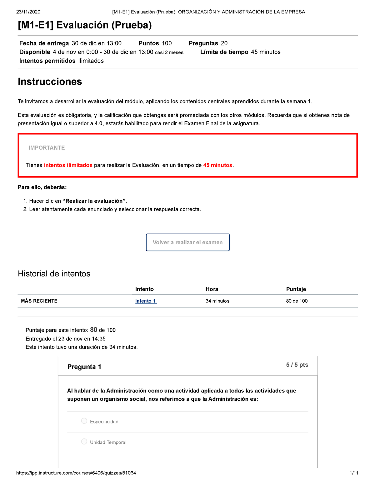 [M1-E1] Evaluación (Prueba) Organización Y Administración DE LA Empresa ...