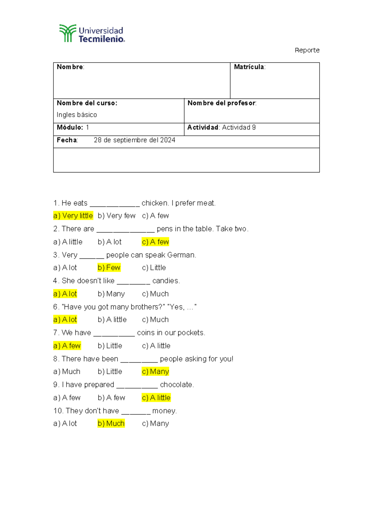 Tarea 9 de ingles 2024 - Reporte Nombre: Matrícula: Nombre del curso ...
