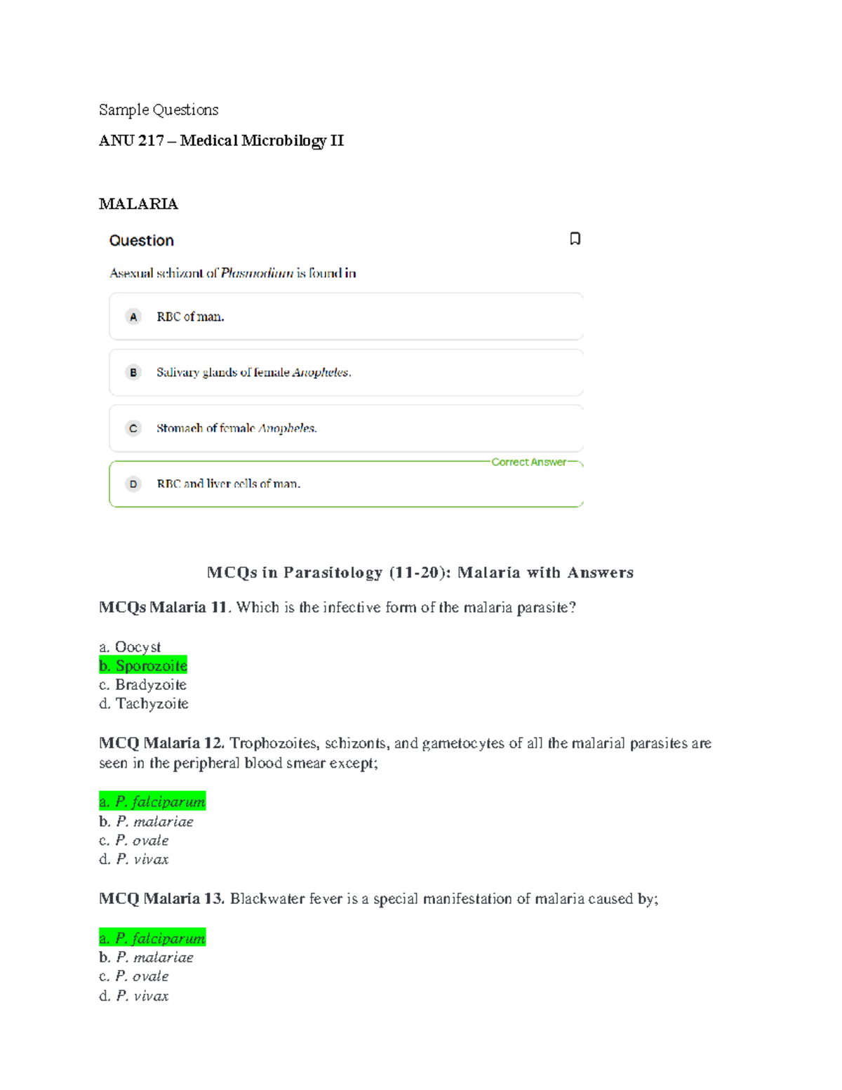 Medical Microbiology MCQs 1 - Malaria - Sample Questions ANU 217 ...