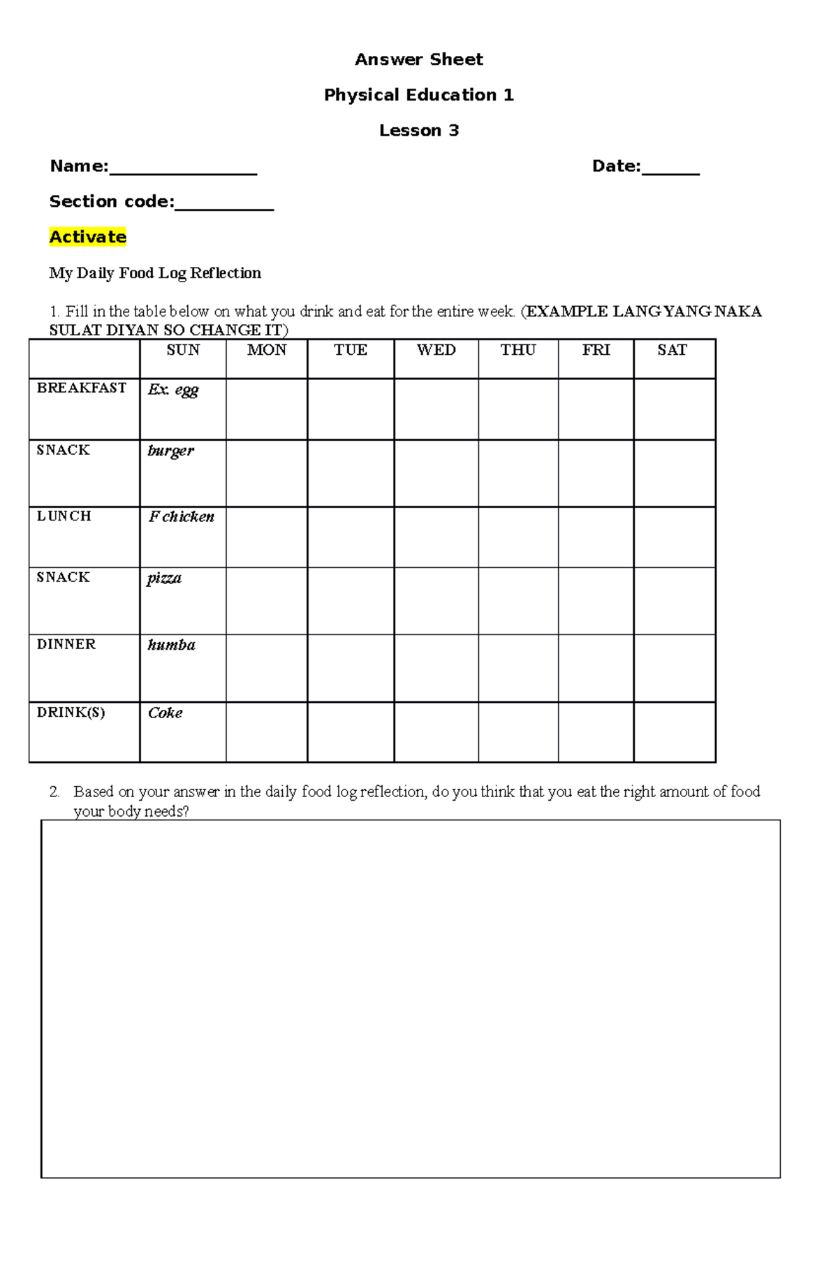 physical education sample paper answer key