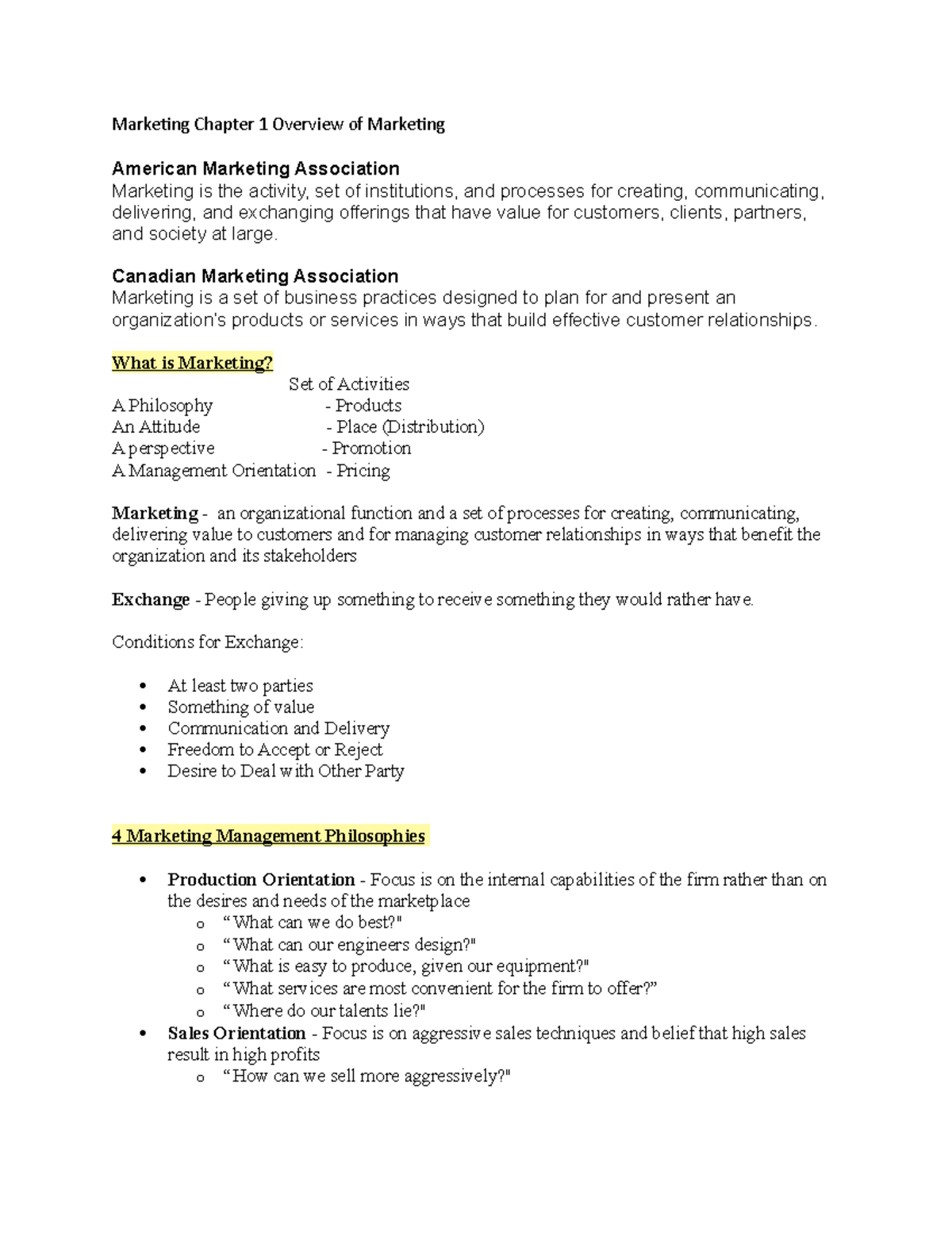 Marketing Chapter 1-8 Notes - Marketing Chapter 1 Overview of Marketing ...