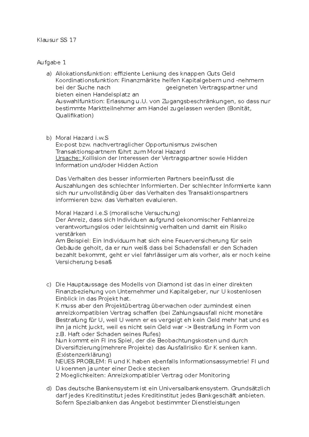 Klausur Sommersemester 2017, Fragen - Klausur SS 17 Aufgabe 1 a ...