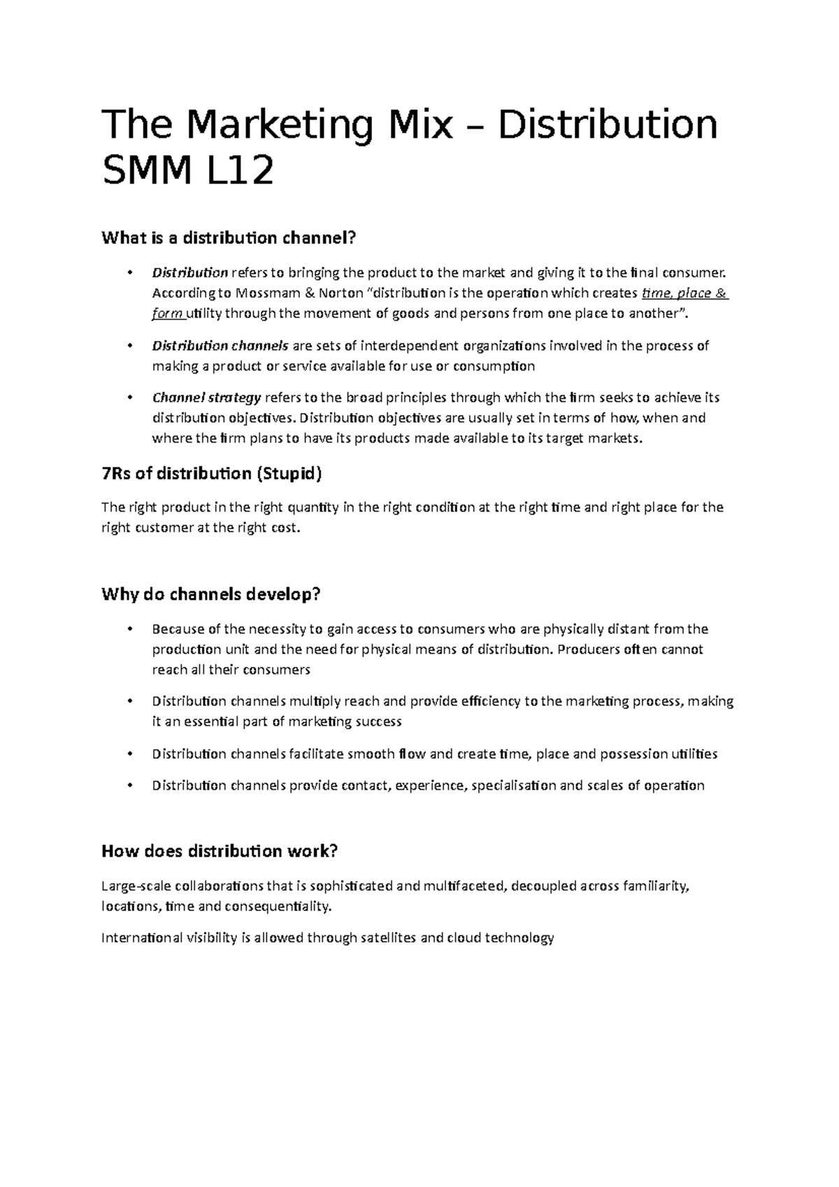L12 The Marketing Mix Distribution SMM The Marketing Mix