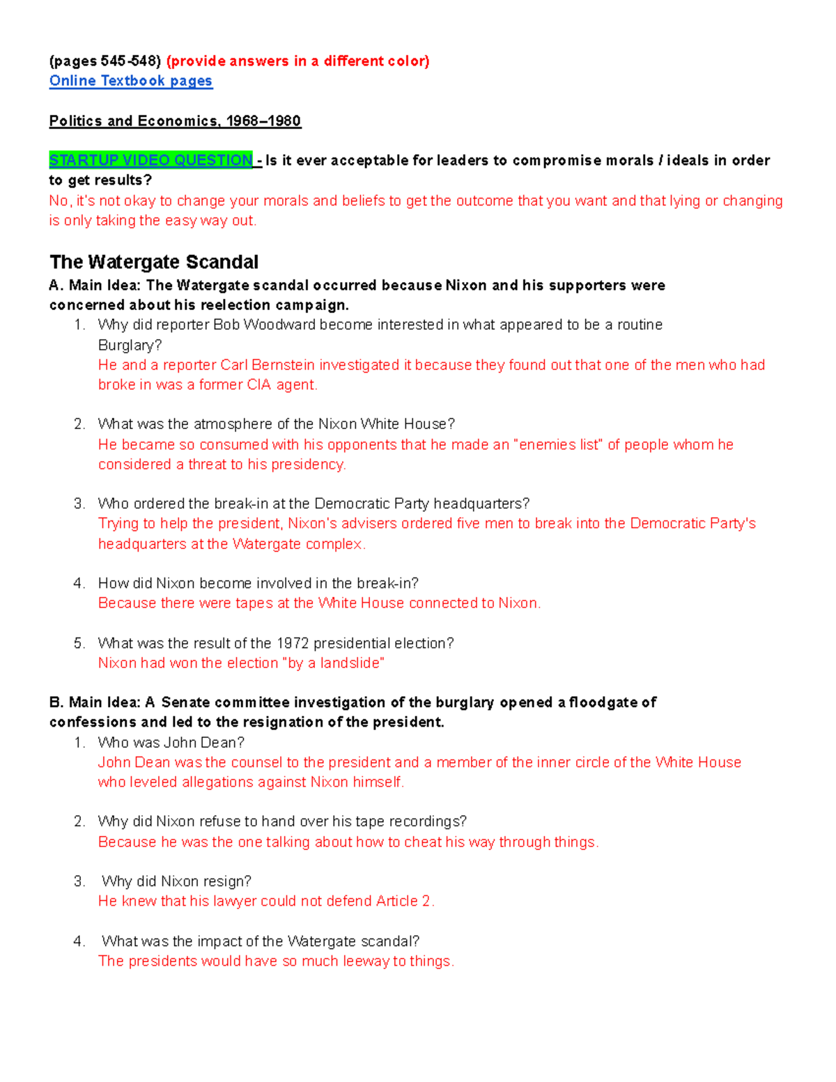 "The Watergate Scandal" Guided Reading (pages 545548) (provide