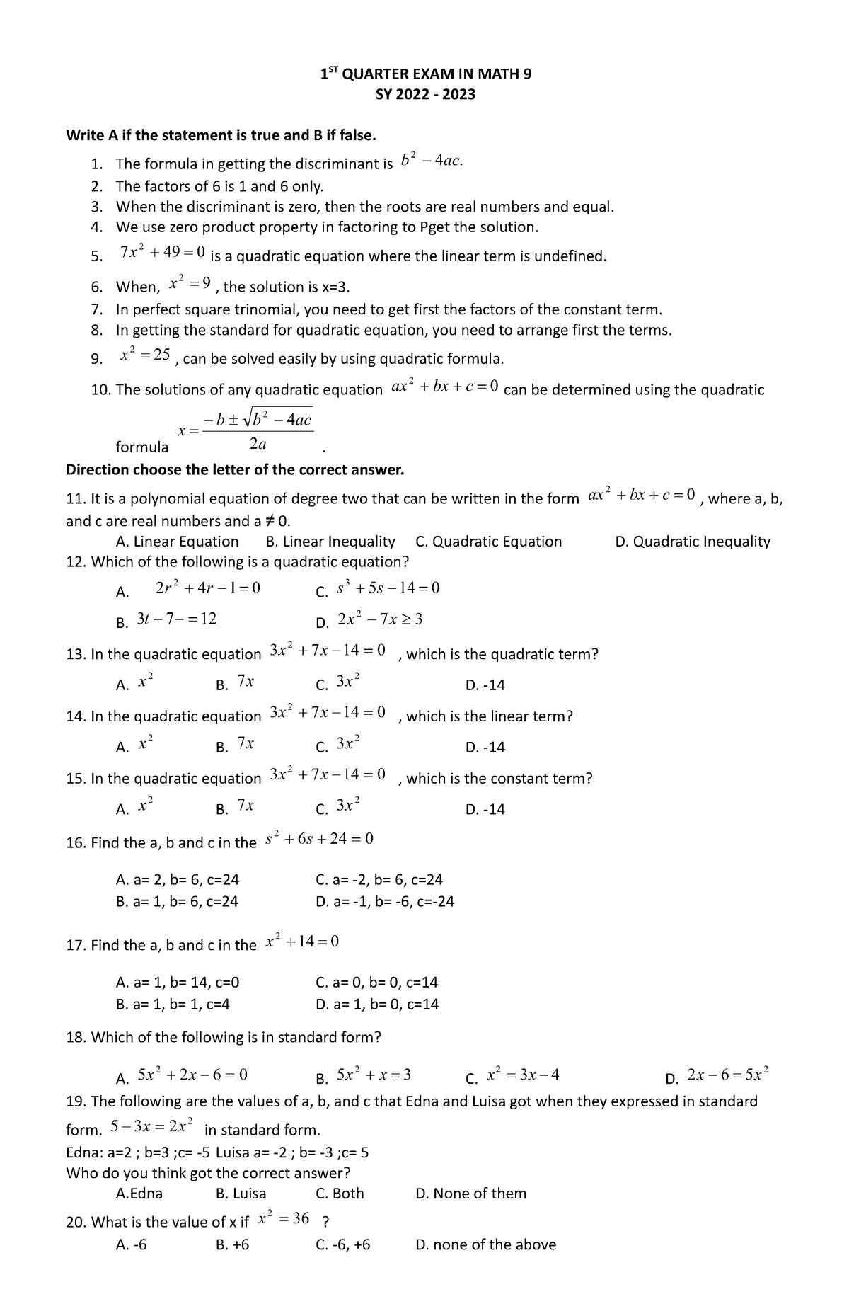 PT Mathematics-9 Q1 - Practical exam - 1 ST QUARTER EXAM IN MATH 9 SY ...