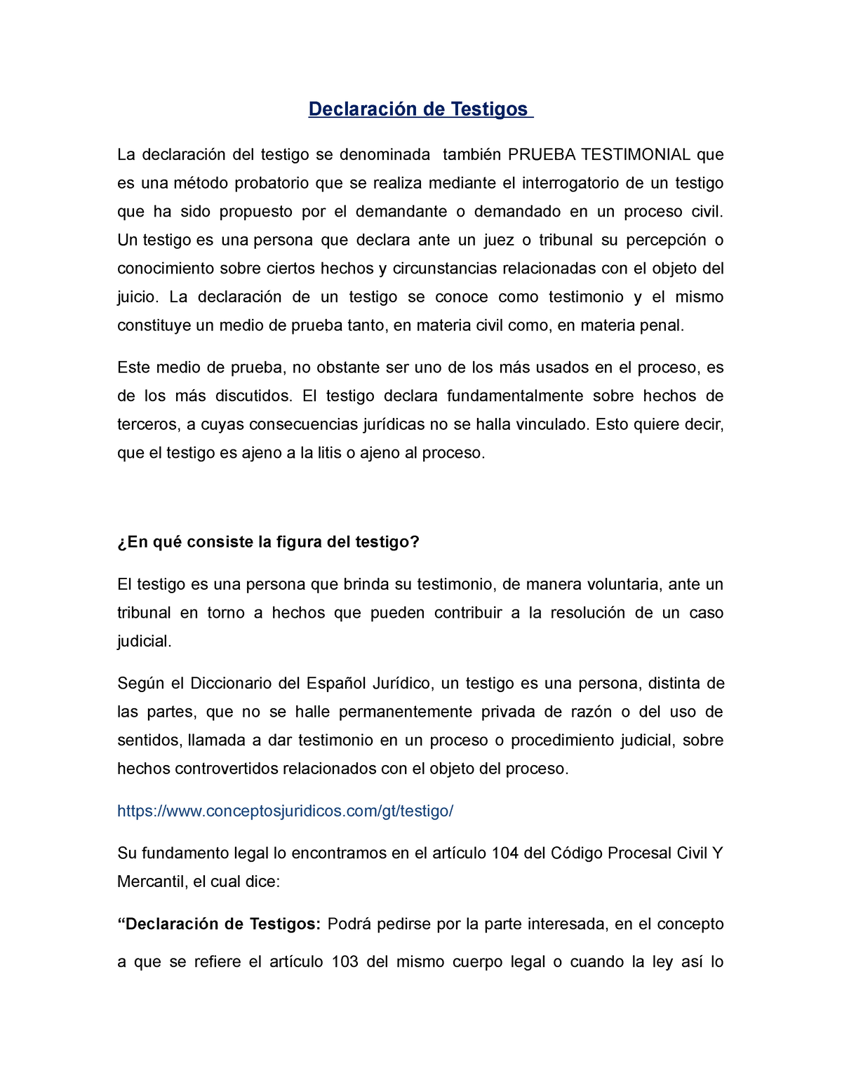 Declaración De Testigos Grupo 3 Declaración De Testigos La Declaración Del Testigo Se 9082