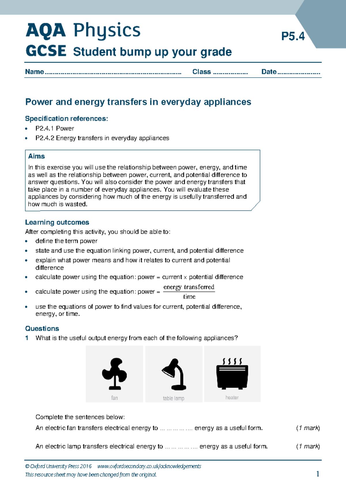 P5.4 bump your grade Power and energy transfers in everyday devices ...