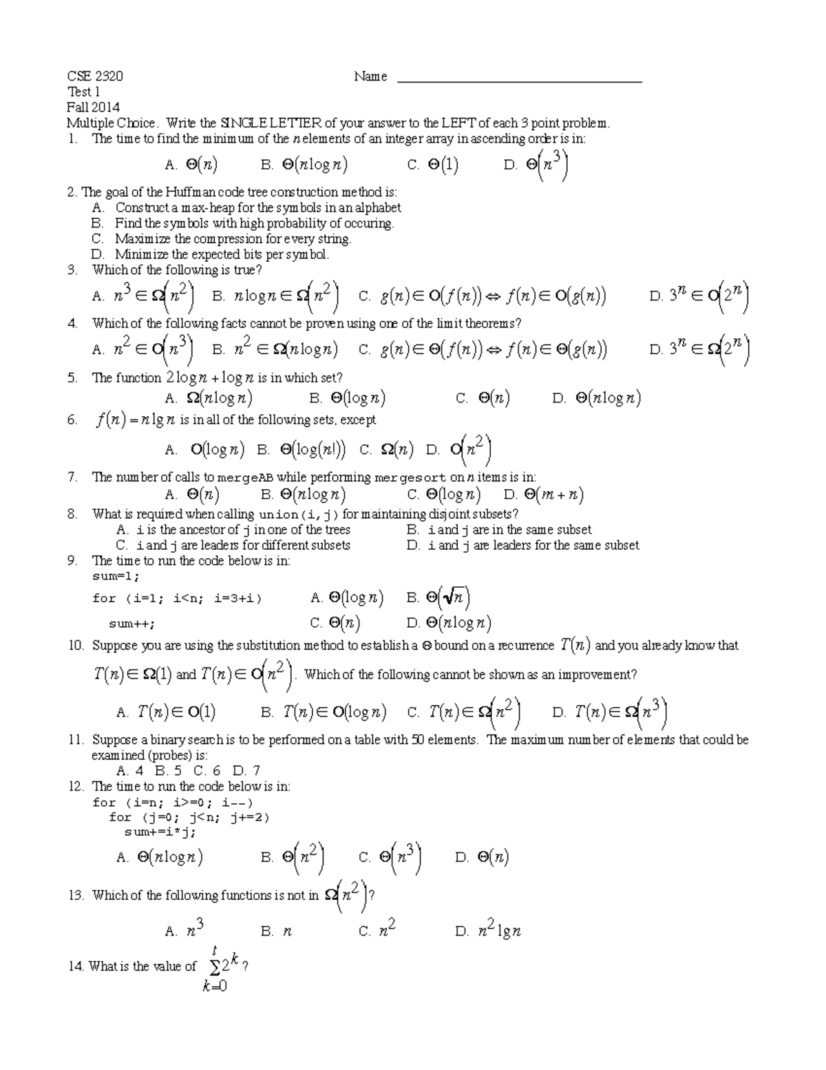 Fall14Z - Fall 2014 paper - CSE 2320 Name ...