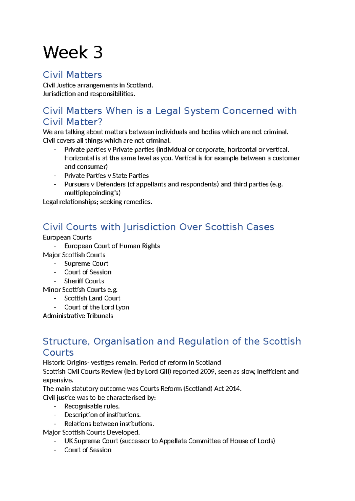 Legal System W3 - Week 3 Civil Matters Civil Justice arrangements in ...