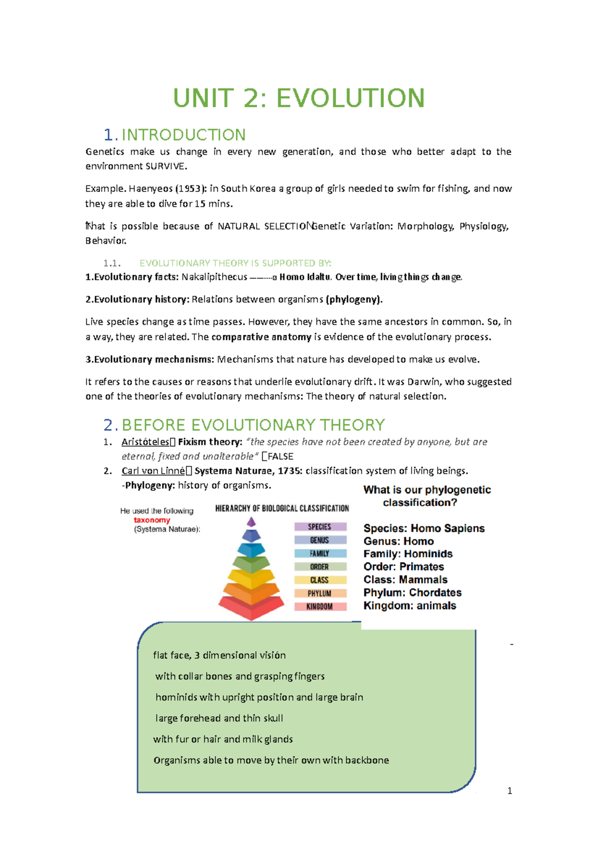 Unit 2 Biology Evolution - UNIT 2: EVOLUTION 1. INTRODUCTION Genetics ...