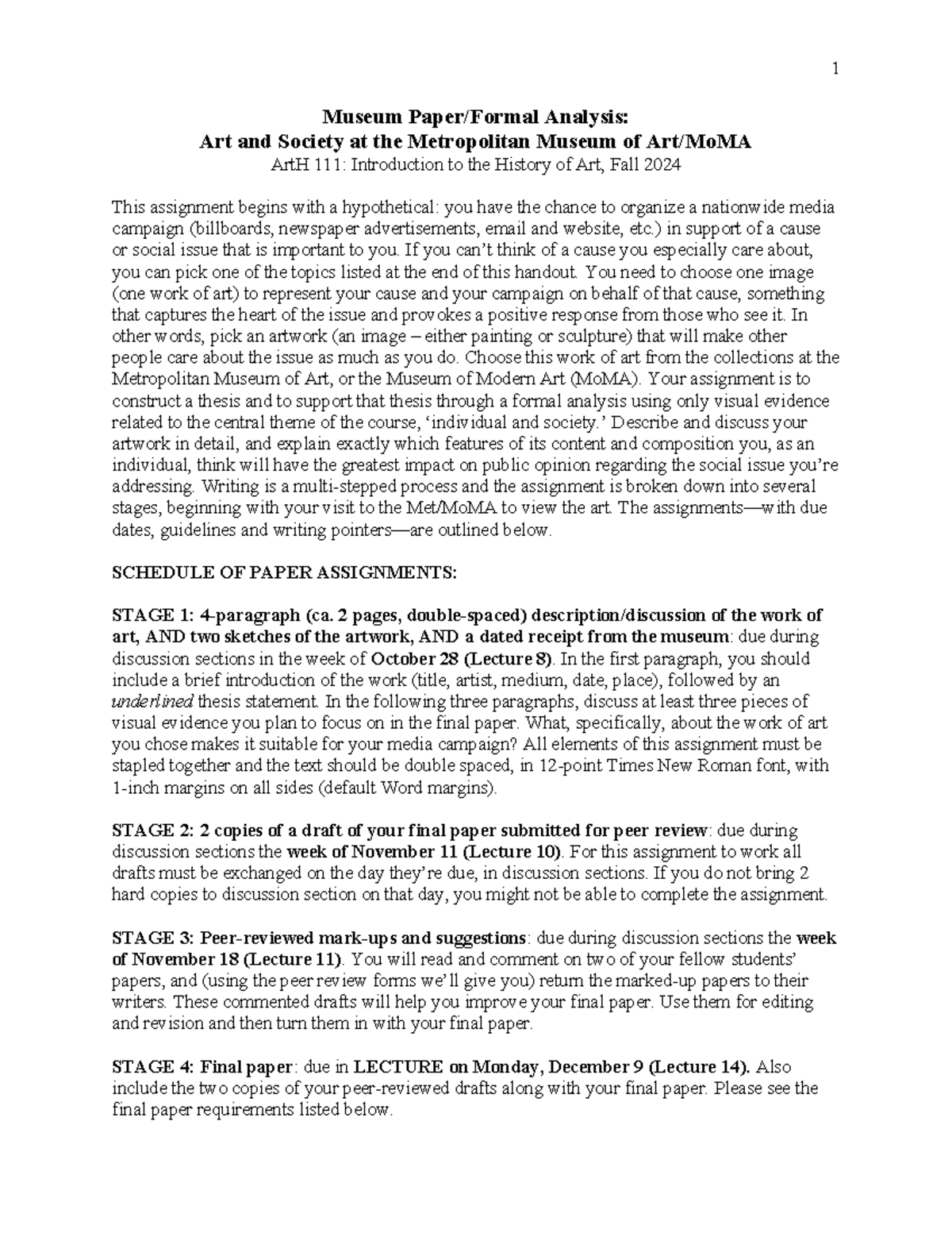 ARTH 111 Paper Assignment Fall 24 - Museum Paper/Formal Analysis: Art ...