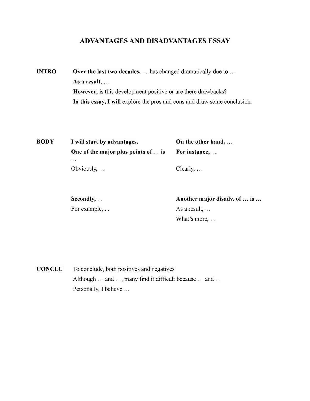 outline for advantages and disadvantages essay