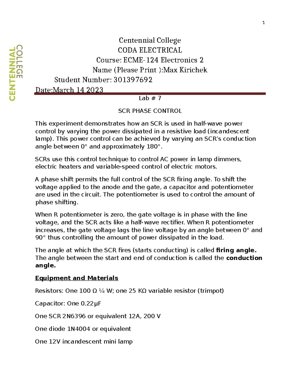 LAB 7 DONE lab Centennial College CODA ELECTRICAL Course ECME124