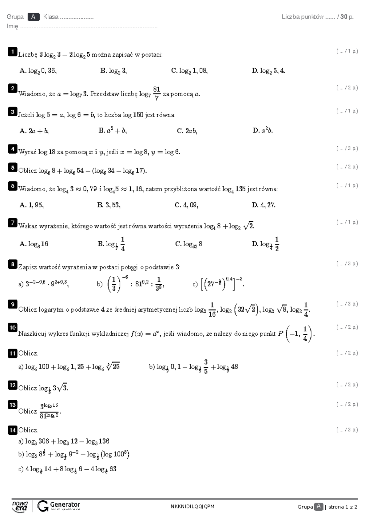 Sprawdzian 2 Gimnazjum Matematyka Potęgi