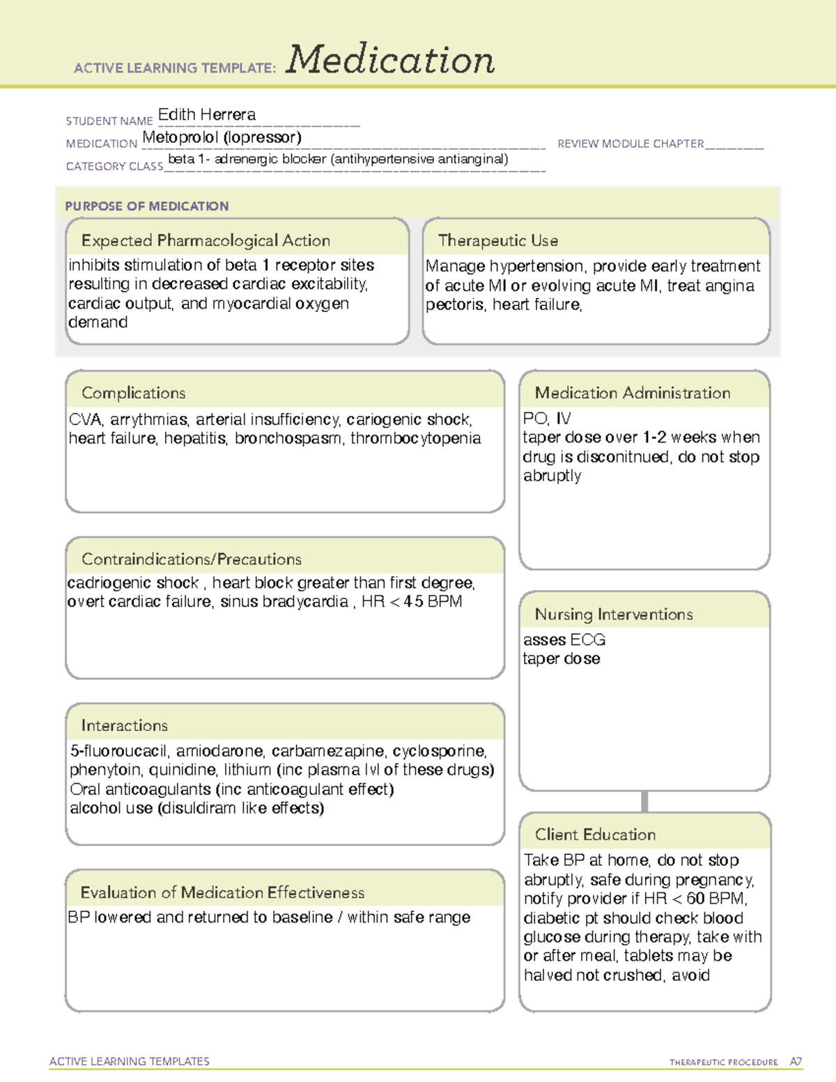 Metoprolol ALT note ACTIVE LEARNING TEMPLATES THERAPEUTIC PROCEDURE