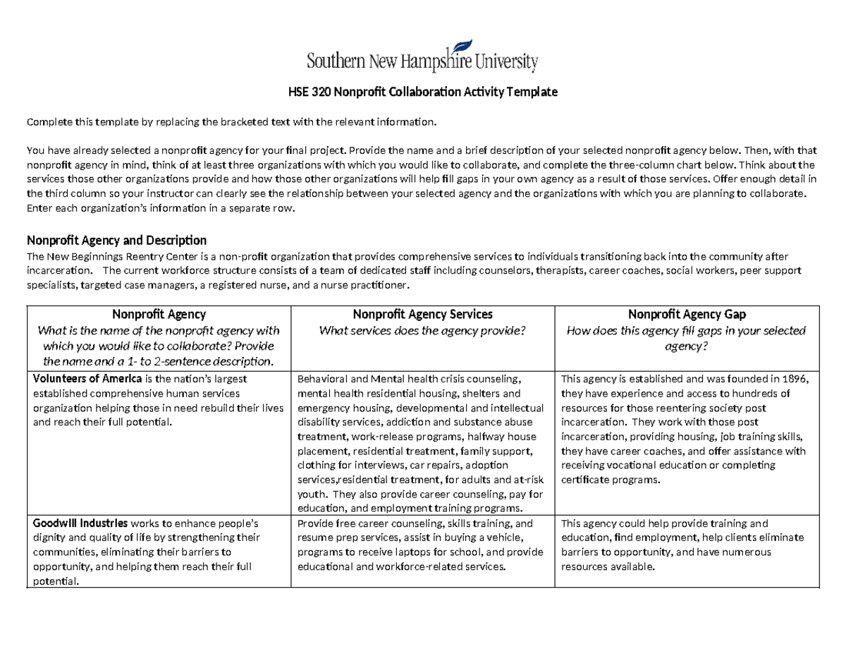 HSE 320 Nonprofit Collaboration Activity Template - HSE 320 Nonprofit ...