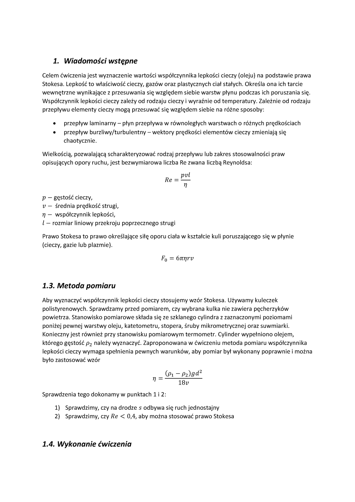 Wyznaczanie Współczynnika Lepkości Cieczy - 1. Wiadomo[ci Wst Pne Celem ...