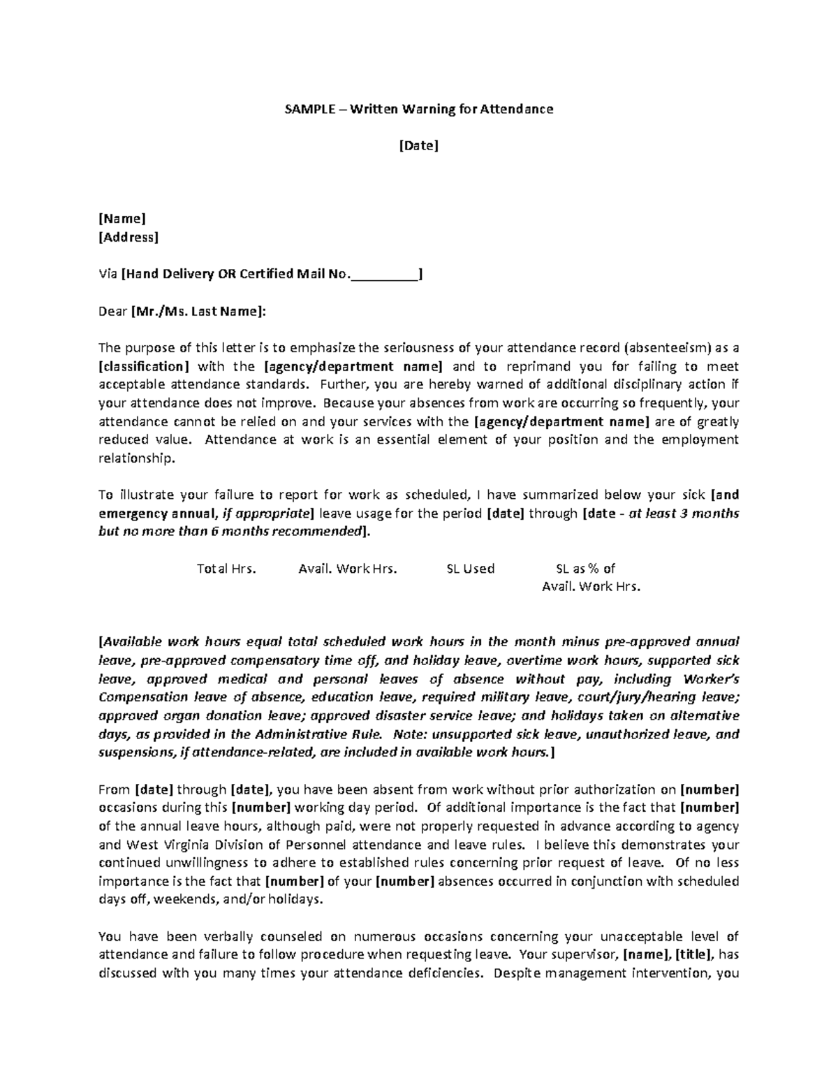 Written warning - attendance - SAMPLE – Written Warning for Attendance ...