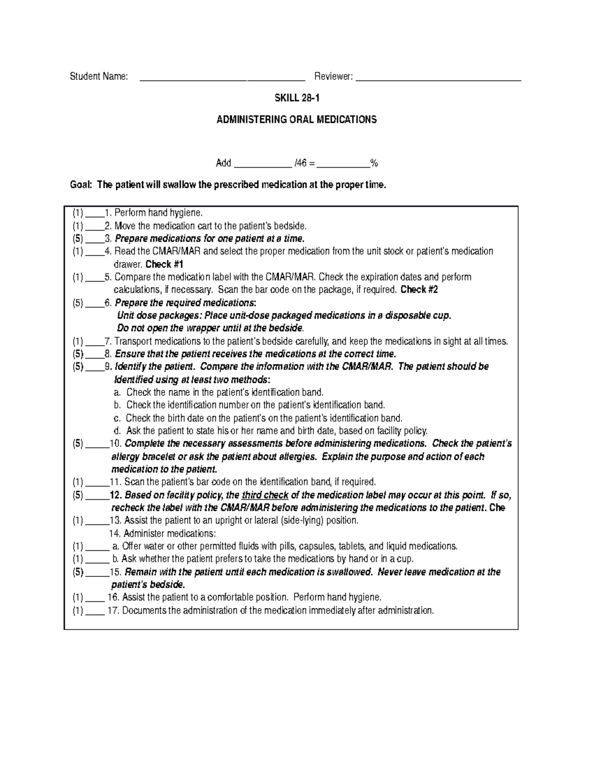 Skill 281 Administering oral medications skills testing Student Name Studocu