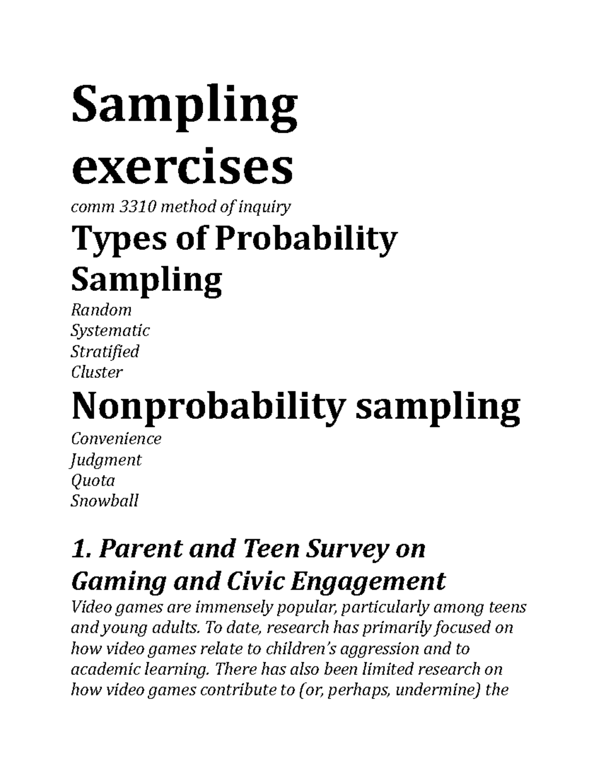 Sampling exercises Dr. Kim Sampling exercises comm 3310 method of